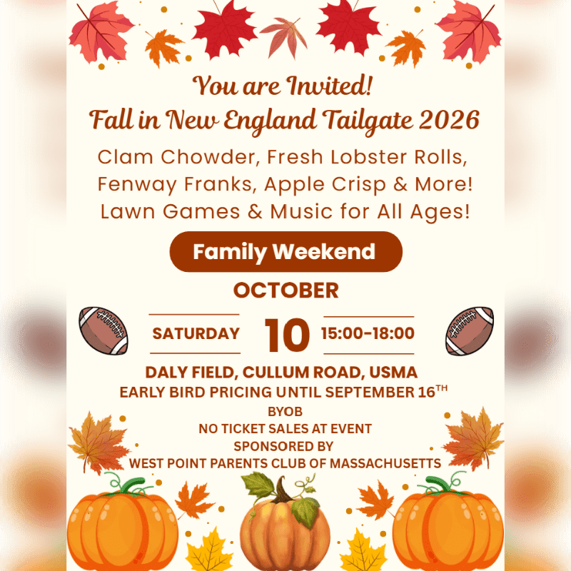 Autumn leaves and pumpkins frame an invitation for a "Fall in New England Tailgate 2026" event featuring food, games, and music.
