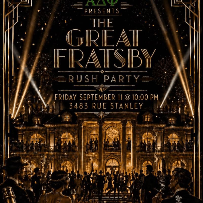 A lively crowd in the foreground enjoys a glamorous Art Deco-themed party in front of a grand mansion illuminated by fireworks and spotlights in the background.