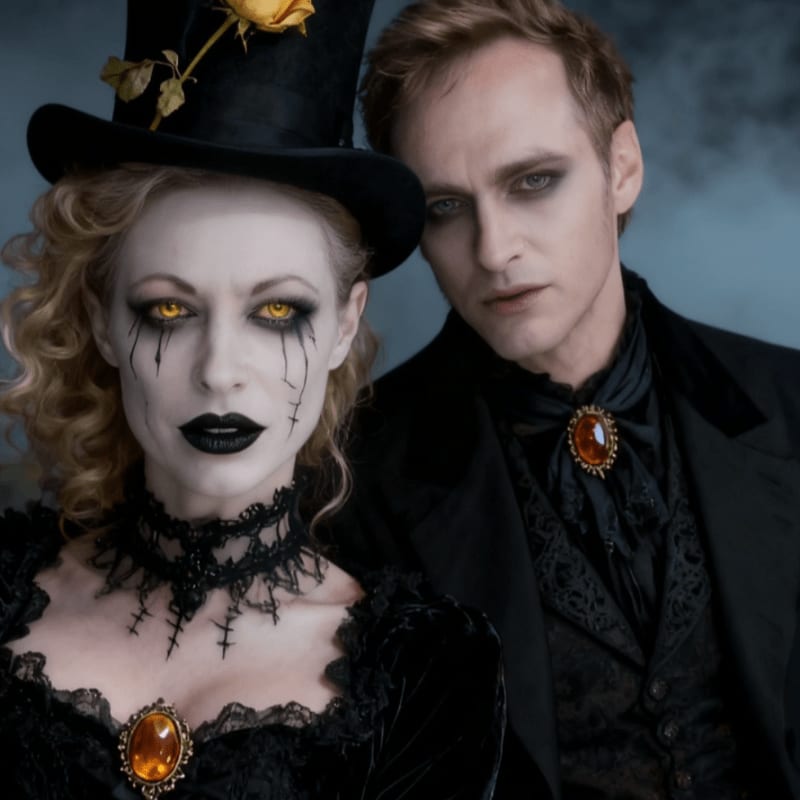 A pale woman with yellow eyes and a black top hat adorned with a yellow rose stands in the foreground next to a man with dark makeup and a black suit, against a smoky blue background.