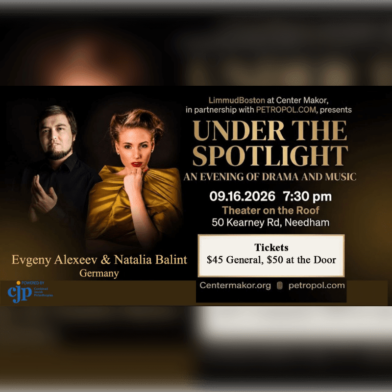 A dramatic portrait of two performers is featured in the foreground, with event details for "Under the Spotlight" filling the background.