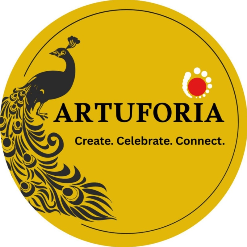 A stylized peacock with ornate tail feathers is in the foreground, set against a yellow circular background with the text "ARTUFORIA" and a tagline.
