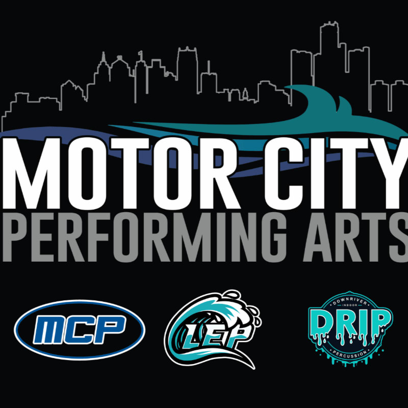 In the foreground, three circular logos with text and graphics are displayed, while the background features the words "MOTOR CITY PERFORMING ARTS" in large white letters against a dark backdrop with a stylized city skyline and wave graphic.
