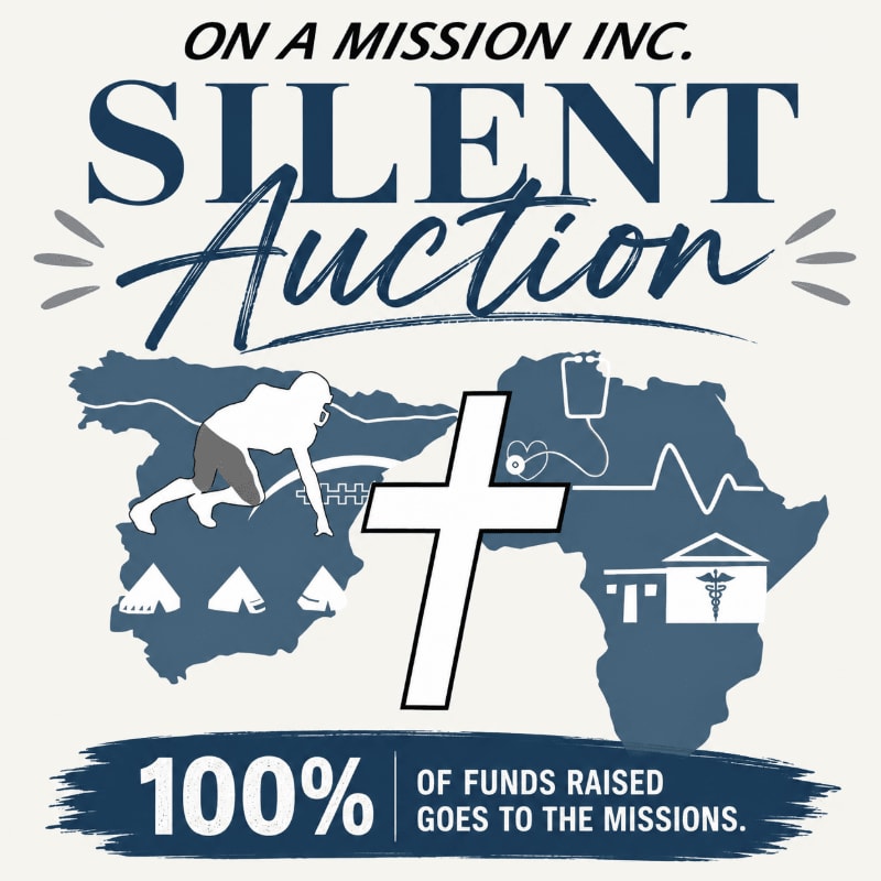 A white cross and medical symbols overlay a map of Africa with a football player in the foreground, all under the text "ON A MISSION INC. SILENT Auction" and "100% OF FUNDS RAISED GOES TO THE MISSIONS."