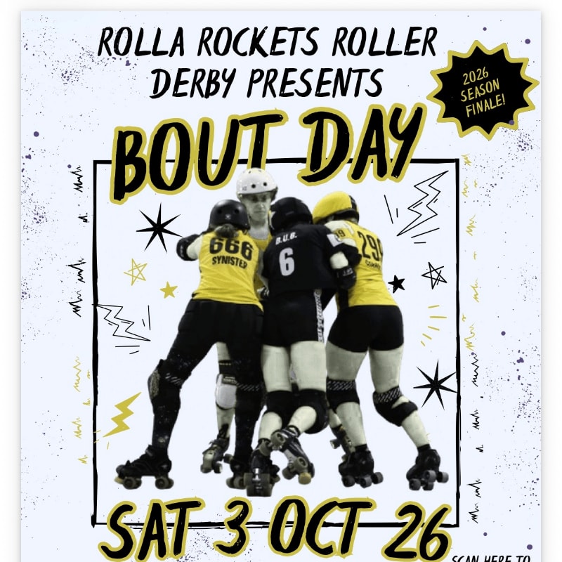 Four roller derby skaters in yellow and black uniforms are in a huddle in the foreground, with a white background featuring event details and decorative elements.
