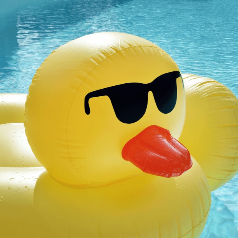 A yellow inflatable duck with black sunglasses floating in a blue swimming pool