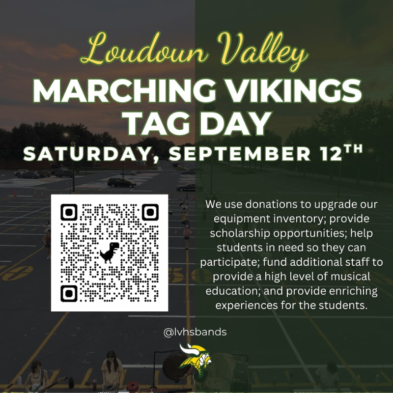A QR code and event details for the Loudoun Valley Marching Vikings Tag Day are displayed over a background of a parking lot and a grassy field.