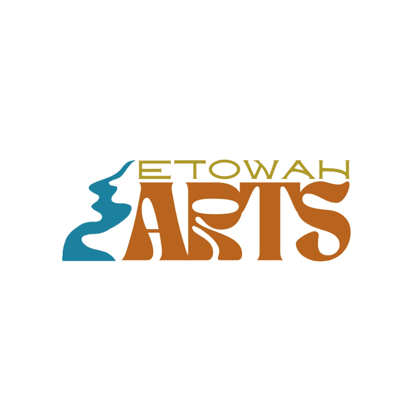 A blue, wavy abstract shape is to the left of the word "ARTS" in large, brown, stylized letters, with "ETOWAH" in smaller, yellow letters above it, all on a white background.