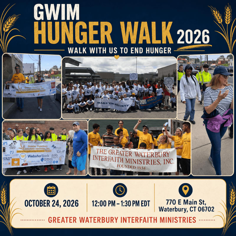A collage of photos from a hunger walk event, featuring participants holding banners and walking, is set against a dark blue background with wheat stalks and event details.