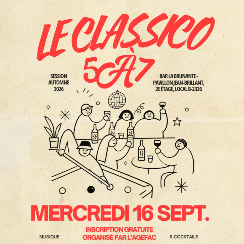 A stylized illustration of people enjoying drinks and playing pool in the foreground is set against a background of event details for "Le Classico 5 à 7" on Thursday, September 9th.