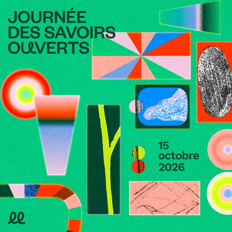 Abstract geometric shapes and text in French are arranged on a green background, with a date of October 15, 2026, prominently displayed.