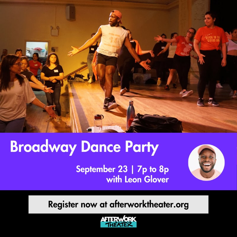 A group of people are dancing in a studio with a purple banner at the bottom advertising a "Broadway Dance Party" with Leon Glover.