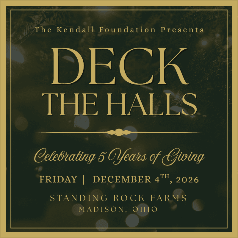 Gold text announcing "Deck the Halls" and event details is overlaid on a dark green background with bokeh lights.