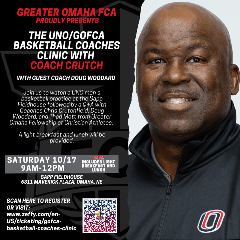 A man with a warm smile is featured in the foreground against a background of event details for a basketball coaches clinic.