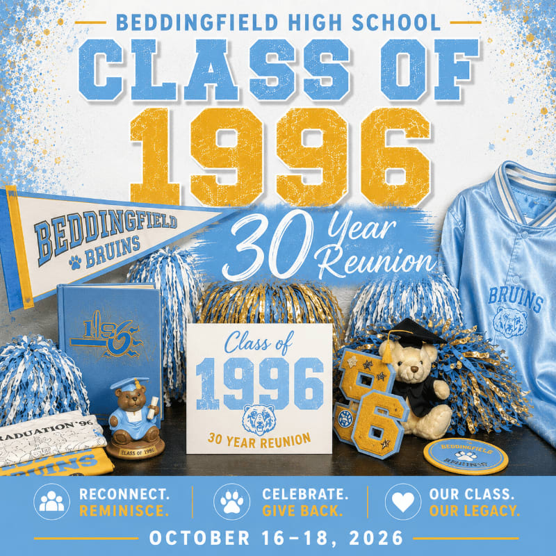 In the foreground, a collection of graduation memorabilia including a teddy bear, pennants, and a jacket are arranged around a sign for the "Class of 1996 30 Year Reunion," while the background features the school's name and the reunion year in large lettering.