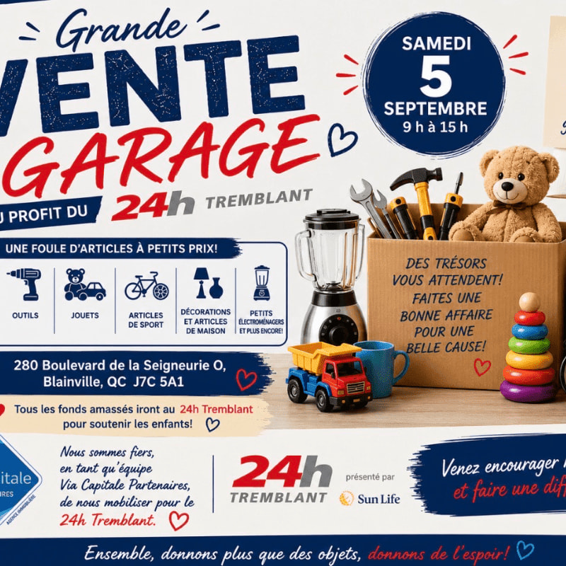 A garage sale advertisement features a pile of toys and household items in the foreground, with event details and sponsor logos in the background.