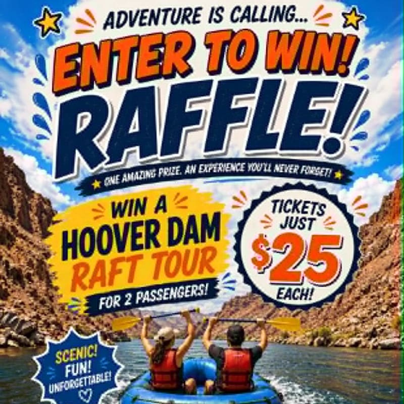 Two people in a raft with paddles raised are in the foreground, while a colorful advertisement for a Hoover Dam raft tour raffle is in the background.