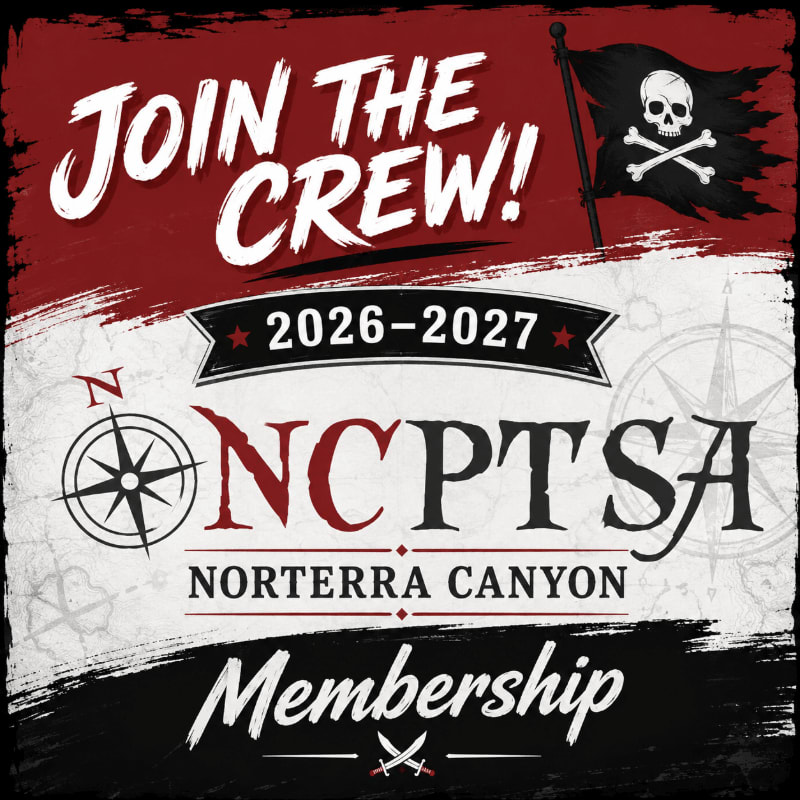 A pirate flag and the words "JOIN THE CREW!" are in the upper background, while the foreground displays "NCPTSA NORTERRA CANYON Membership" with compass graphics and the years 2026-2027.