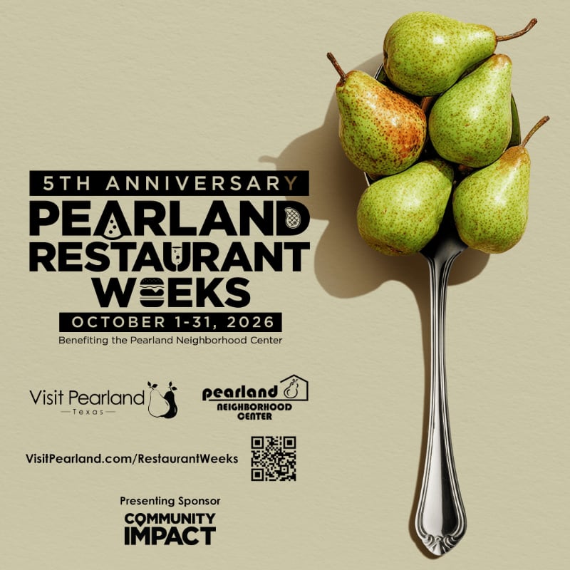 A spoon overflowing with pears is in the foreground, set against a background of text announcing the 5th Anniversary Pearland Restaurant Weeks.