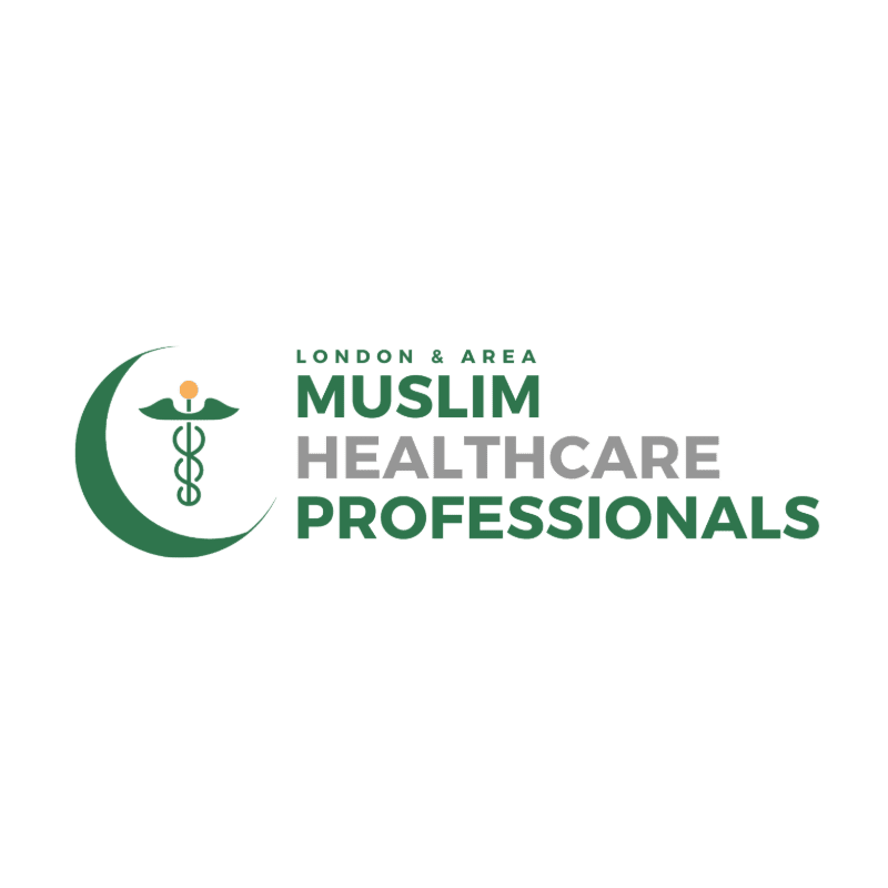A green crescent moon with a caduceus symbol is on the left, with the text "LONDON & AREA MUSLIM HEALTHCARE PROFESSIONALS" in green and gray on the right, all against a white background.