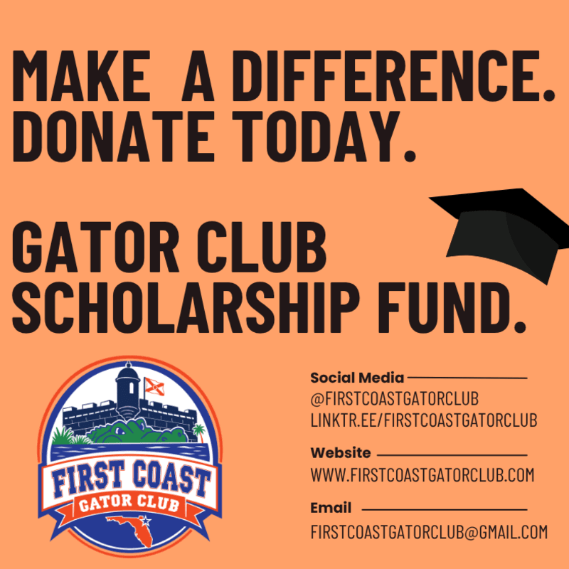 A graduation cap hovers over bold text promoting the Gator Club Scholarship Fund, with the club's logo and contact information in the lower right corner.
