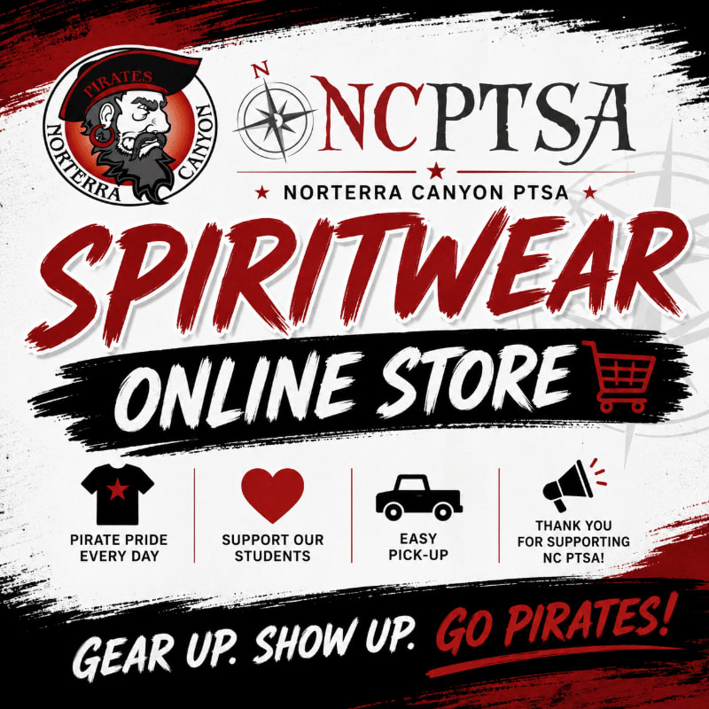A black and white graphic advertises the Norterra Canyon PTSA spiritwear online store, featuring a pirate logo in the upper left and a shopping cart icon in the upper right, with promotional text and icons below.