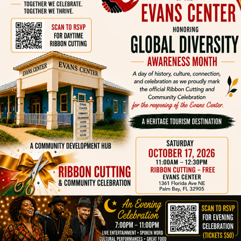 A flyer announces a ribbon cutting and community celebration for the Evans Center, featuring a building in the background and a band performing in the foreground.