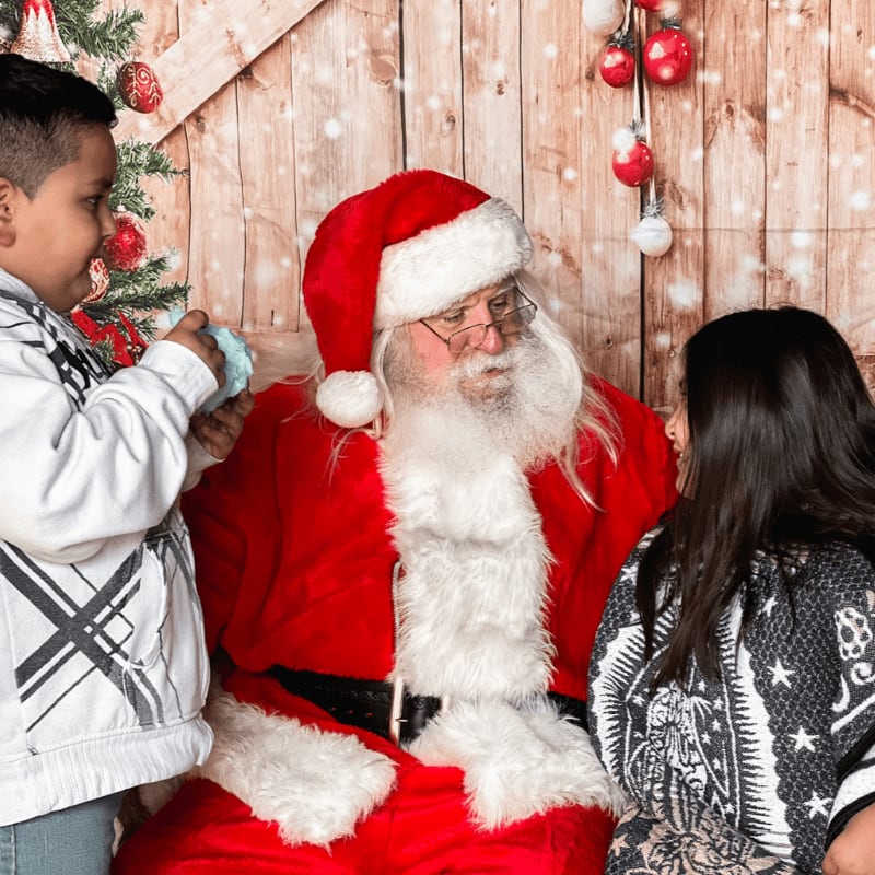 A young boy and girl interact with Santa Claus in front of a rustic wooden backdrop adorned with Christmas ornaments and faux snow.