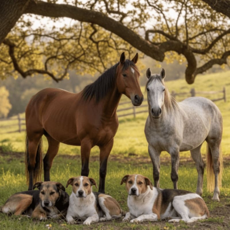 Two horses stand behind four dogs resting in a grassy field with trees and a fence in the background.