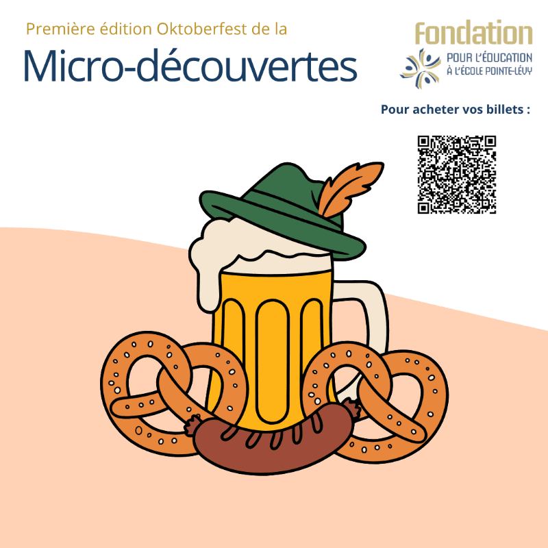 A frothy mug of beer with pretzels and a sausage in the foreground is set against a light orange background with text and a QR code in the upper right corner.