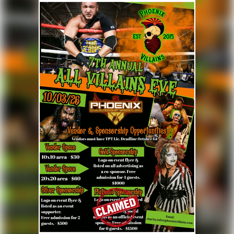 A wrestling poster advertises "All Villains Eve" with wrestlers in the foreground and event details in the background.