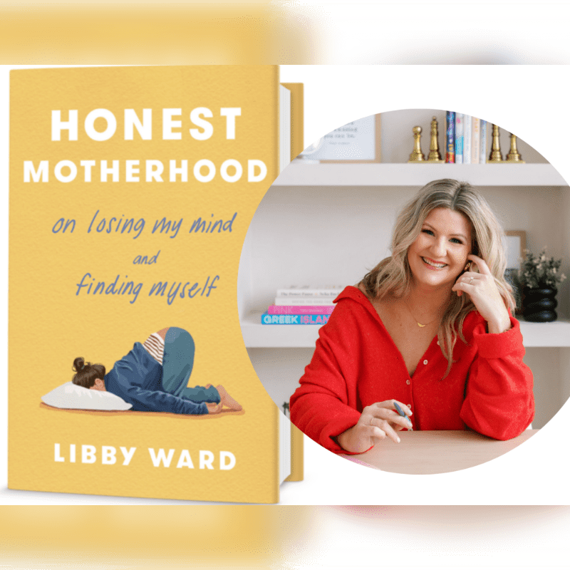 A book titled "Honest Motherhood" with an illustration of a woman in distress is in the foreground, while a smiling woman in a red sweater is in the background.