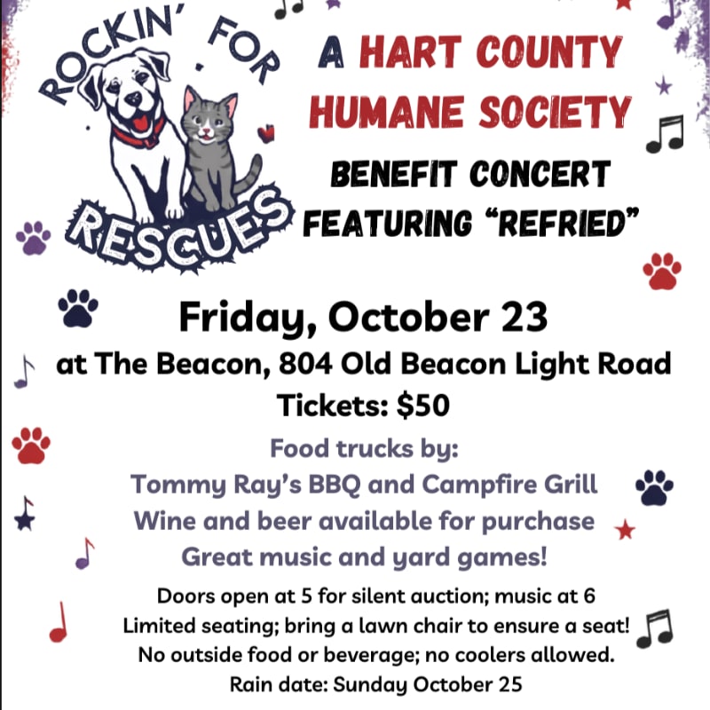 A flyer for a Hart County Humane Society benefit concert features a dog and cat in the foreground, with musical notes and paw prints scattered across the background.