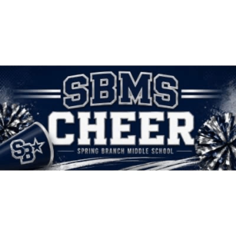 A navy blue background with "SBMS CHEER" in large white letters, a megaphone with "SB" and a star on the left, and two pom-poms on the right.