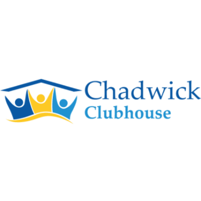 Three stylized figures with raised arms are depicted under a blue roofline in the foreground, with the words "Chadwick Clubhouse" in blue text to the right in the background.