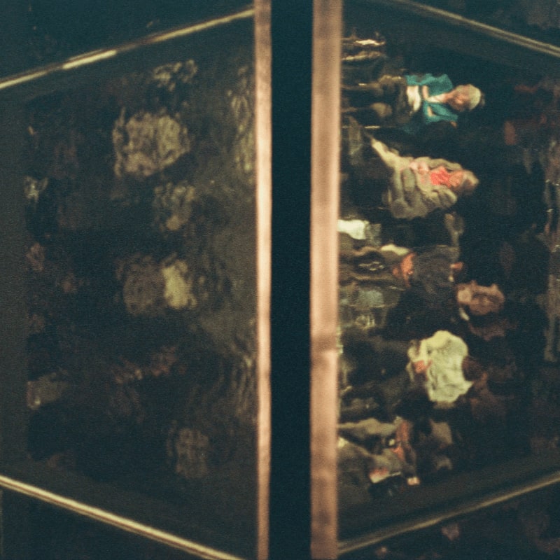 A group of people are reflected in a wet, dark surface in the foreground, with a blurry, indistinct background.
