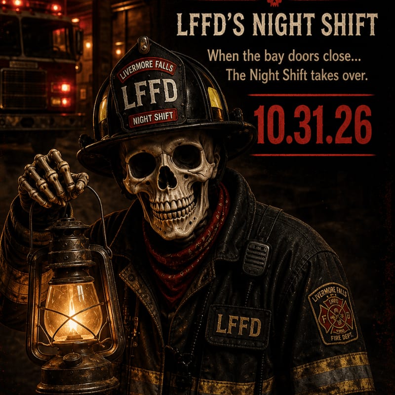 A skeleton in a firefighter's helmet and uniform holds a lantern in the foreground, with a fire truck and station visible in the dimly lit background.