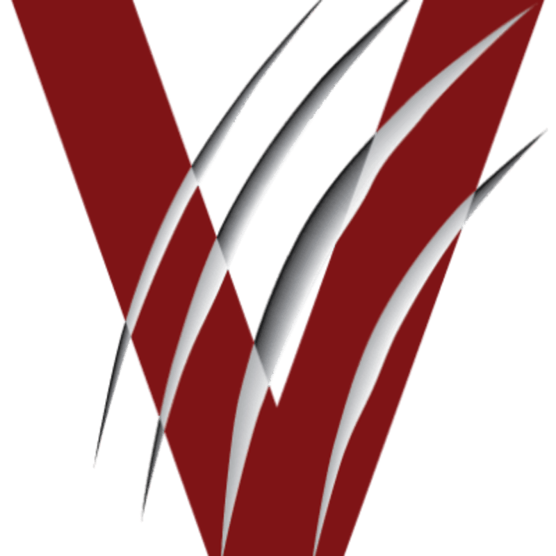 A stylized red "V" is overlaid with sharp, white, claw-like slashes against a white background.