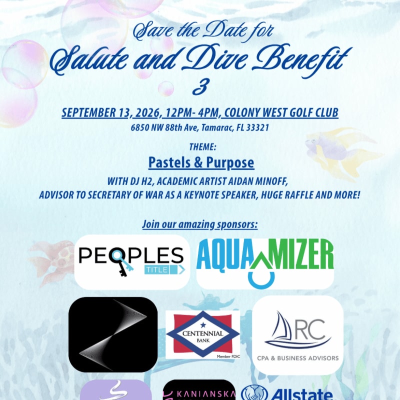 A light blue, bubbly background with coral and fish frames a "Save the Date" announcement for a "Salute and Dive Benefit" event, listing sponsors at the bottom.