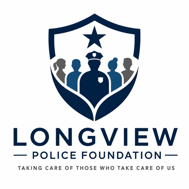 A dark blue shield with a star and silhouettes of police officers and civilians in the foreground is above the text "LONGVIEW POLICE FOUNDATION" and a tagline in the background.