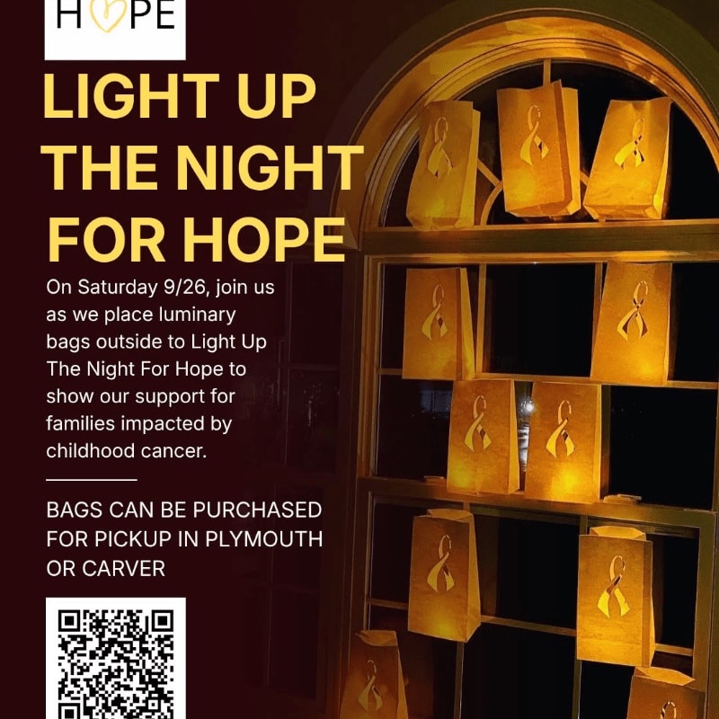Glowing luminary bags are displayed on shelves in the background, while the foreground features text promoting a "Light Up The Night For Hope" event.