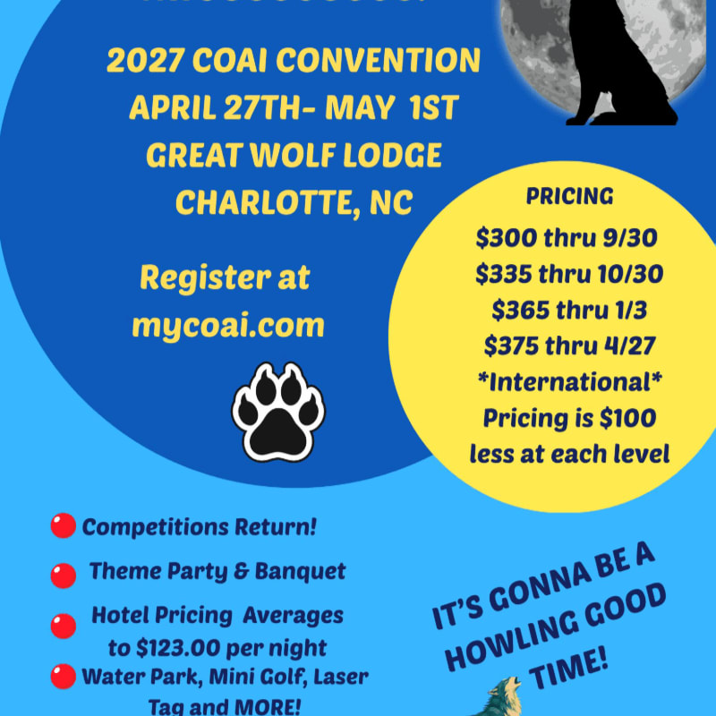 A black wolf silhouette against a full moon is in the background, while the foreground features event details for the 2027 COAI Convention in Charlotte, NC, including pricing and activities.