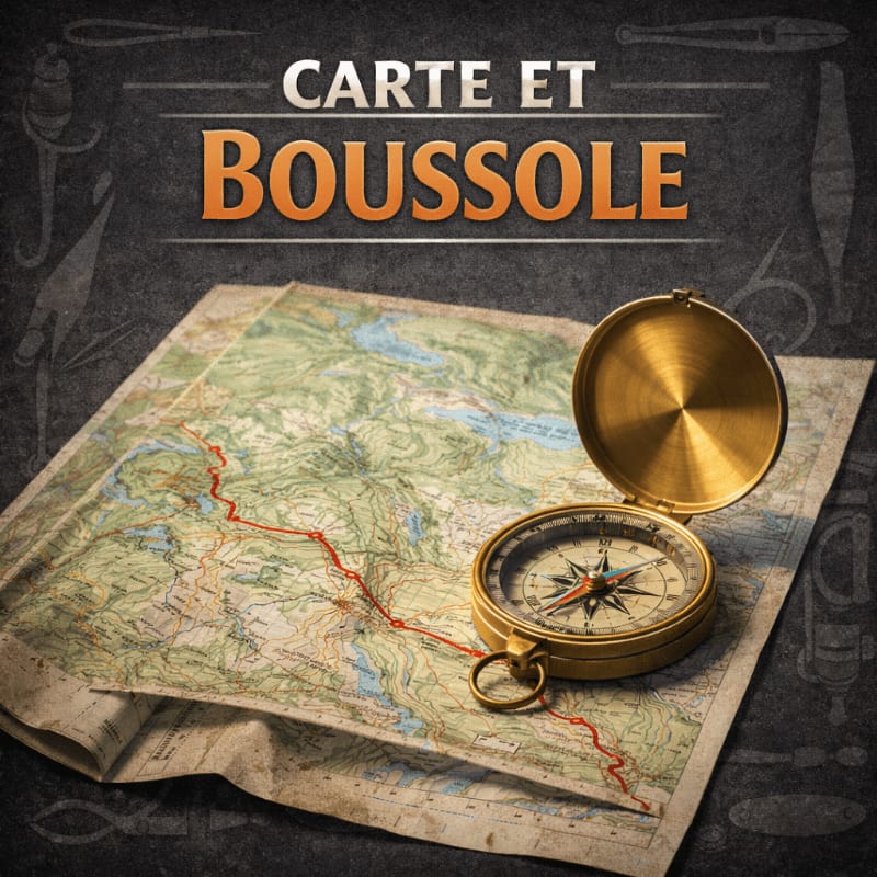 A vintage brass compass rests open on a folded topographic map, with the words "CARTE ET BOUSSOLE" in bold lettering above, set against a dark, textured background.