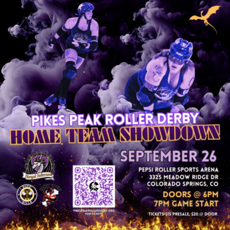 Two roller derby skaters are featured in the foreground against a smoky, purple background with event details.