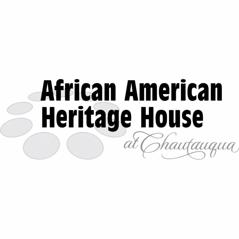 In the foreground, a series of light gray ovals are arranged in a curve, leading to the bold black text "African American Heritage House" in the background, with the script "at Chautauqua" below it.
