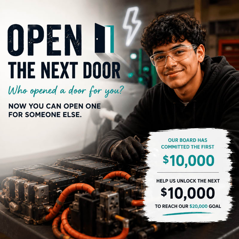 A young man in safety glasses and gloves smiles in the foreground, with complex machinery and a neon lightning bolt in the background, while text overlays promote opening doors for others.