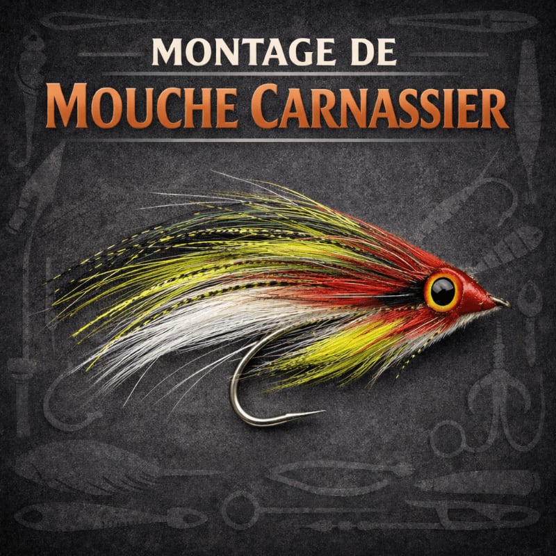 A colorful, feathered fishing lure with a sharp hook dominates the foreground against a dark, textured background featuring outlines of fishing gear.