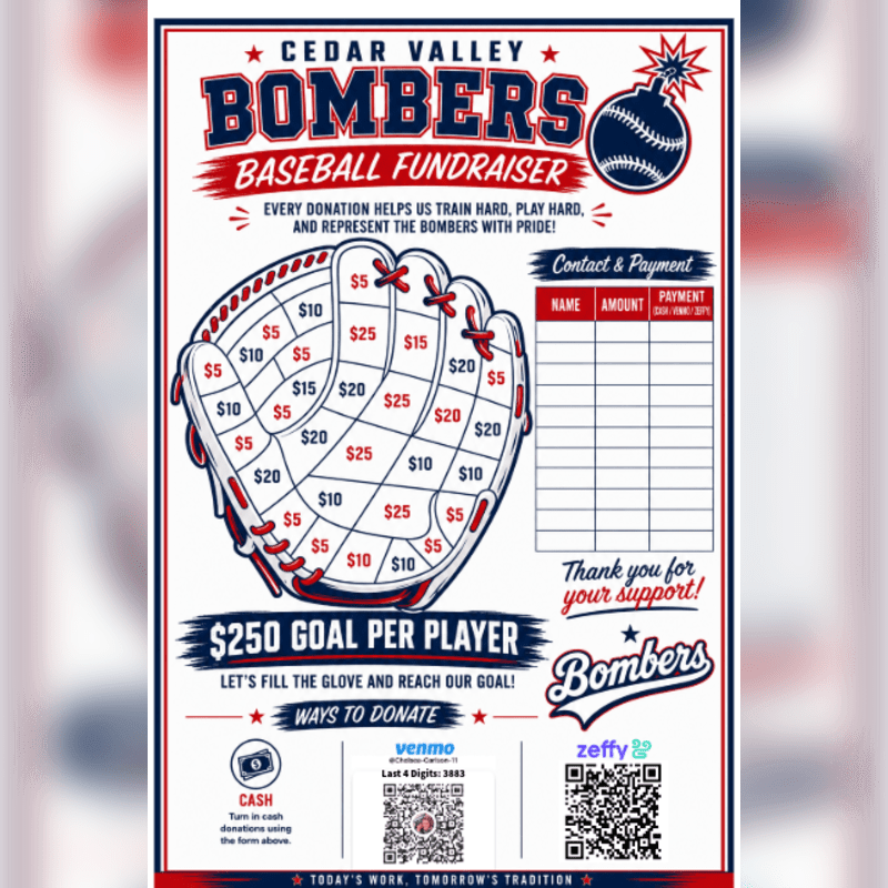 A baseball glove with donation amounts is featured in the foreground, with a fundraising poster for the Cedar Valley Bombers baseball team in the background.