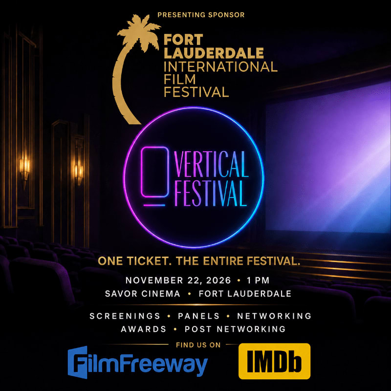 A dimly lit movie theater with rows of seats in the foreground and a large screen in the background is advertised for the Fort Lauderdale International Film Festival's Vertical Festival.