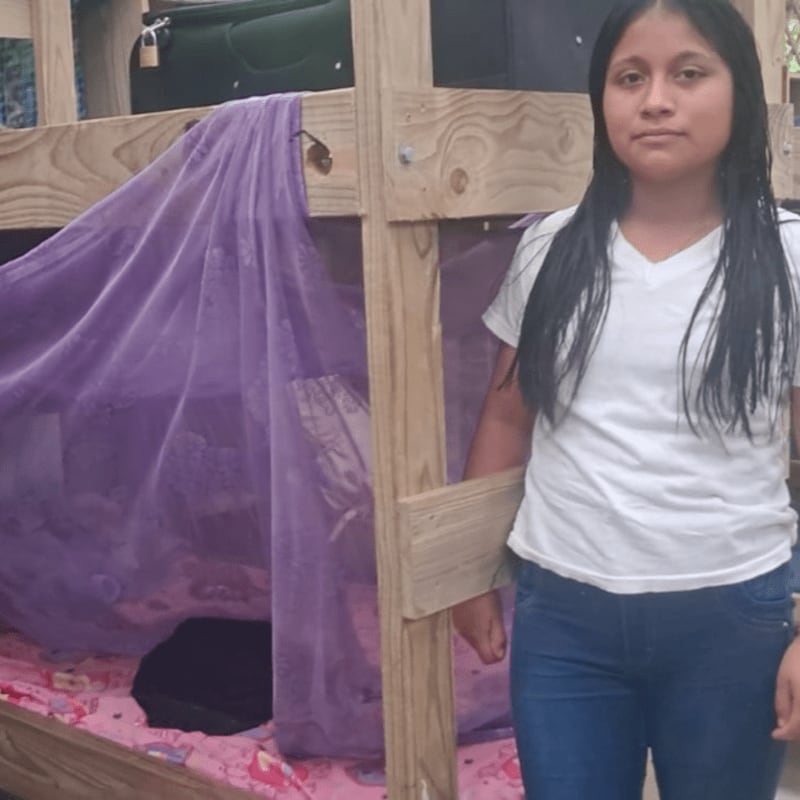 A young girl in a white t-shirt and jeans stands next to a wooden bunk bed draped with purple netting, with a dark green object visible in the background.