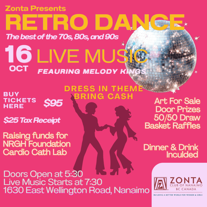 A pink poster advertises a retro dance event with a disco ball and silhouetted dancers in the foreground, and event details in the background.